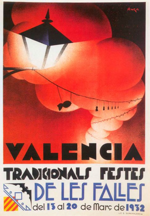 Cartell de les Falles de València de 1932 ama una tipografia moderna, predomina del color roig, una traca pensada d'un farol i una columna de fum roja.
