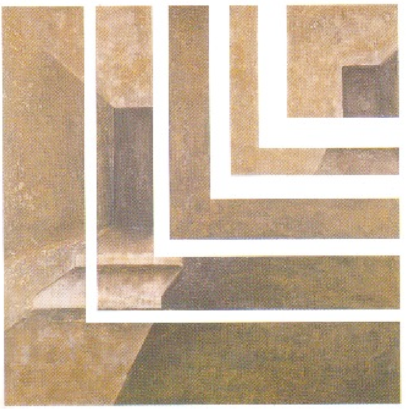 Cuadro abstracto con tonos marrones y dividido en fragmentos en forma de L ascendente.